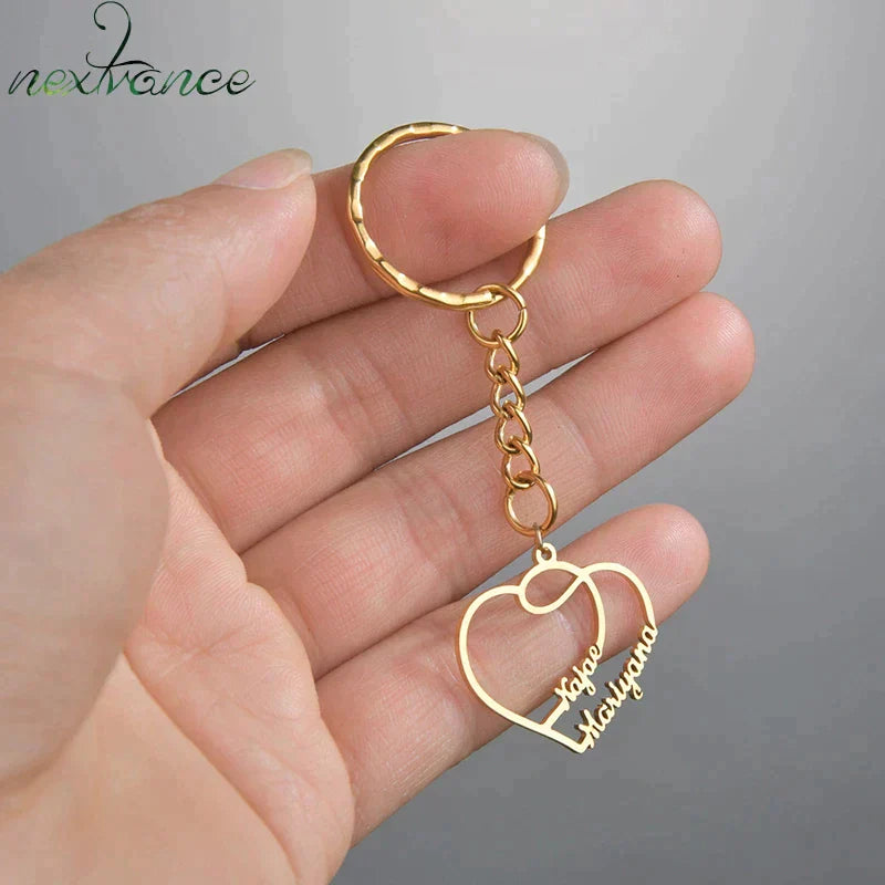 Double Heart Couple Name Keychain